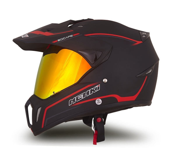 Dual Sport Helmet by NENKI Full Face Motocross & Motorcycle Helmets Dot Approved With Iridium Red Visor Attached Clear Visor NK-310 (L, Matt Black & Red)