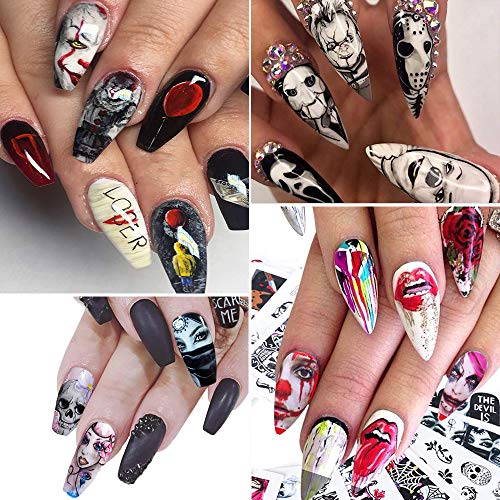 25 Sheets Halloween Nail Stickers - Water Transfer Nail Decals Grimace Skull Eye Spider Nail Art DIY Decals for Halloween Party