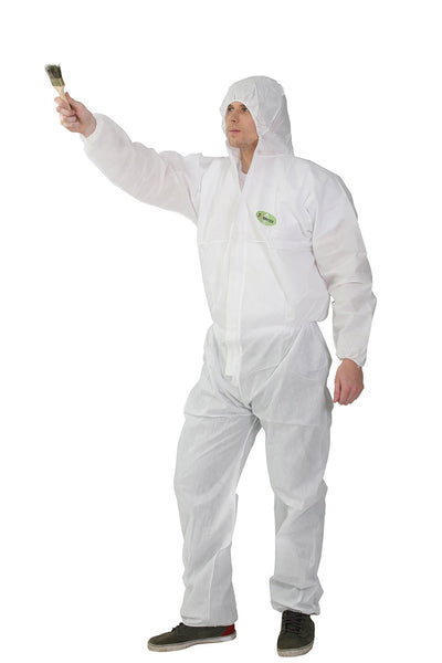 Raygard 30303 SMS Disposable Hooded Coveralls Suit Dust Chemical Protective Elastic Wrist, Ankles, Waist Zipper Front Closure for Spray Painting Medical Cleaning Work(2X-Large,White)