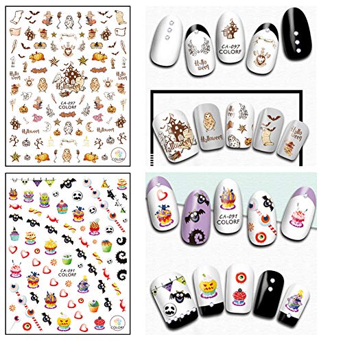 Halloween Nail Stickers Decals DIY Nail Art Tips Accessories 8 Sheets Pumpkin Witch Spider Bat Ghost Eye Nail Art Stickers Self-adhesive Designs Fingernails Toenails Decorations for Halloween Party