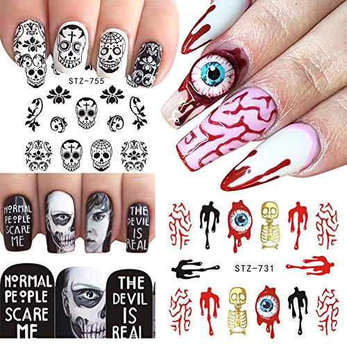 Halloween Nail Stickers Day of the Dead Water Transfer Nail Decals 25 Sheets Skull Ghost Eye Hulk Clown Witch Nail Art Stickers Halloween Party Supply Favors Nail Tips Charms Decoration