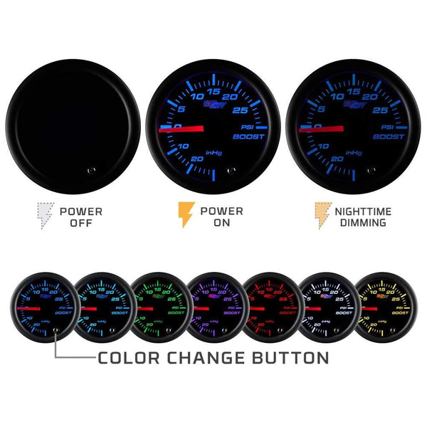 GlowShift Tinted 7 Color 60 PSI Turbo Boost Gauge Kit - Includes Mechanical Hose & Fittings - Black Dial - Smoked Lens - For Diesel Trucks - 2-1/16" 52mm