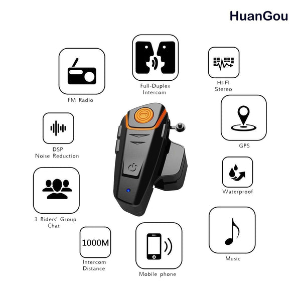 HuanGou Helmet Bluetooth Headset, BT-S2 Motorcycle Bluetooth Intercom Headset up to 3 Riders 1000M Bluetooth Helmet Headphones Speakers Communication Systems Ski Walkie-Talkie for Snowmobile (2 Pack)