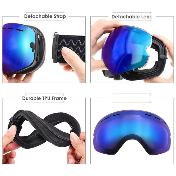 Zerhunt Ski Goggles, Snowboard Goggles Over Glasses, Anti Fog UV Protection Snow Goggles OTG Interchangeable Lens for Men Women Snowmobile, Skiing, Skating, Blue