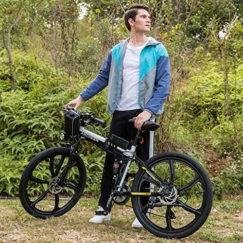 ANCHEER Folding Electric Mountain Bike with 26" Super Lightweight Magnesium Alloy 6 Spokes Integrated Wheel, Premium Full Suspension and Shimano 21 Speed Gear