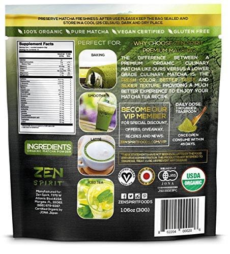 Matcha Green Tea Powder Organic - Japanese Premium Culinary Grade, Unsweetened & Sugar Free - USDA & Vegan Certified - 30g (1.06 oz) - Perfect for Baking, Smoothies, Latte, Iced tea & Weight Loss. ...