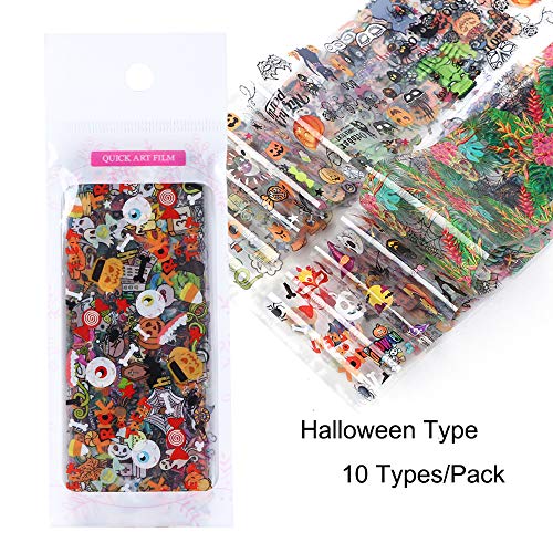 Halloween Nail Stickers Foil Transfer Design 10 Sheets Nail Art Foil Wraps Tattoo Paper Pumpkin Spider Skull Ghost Nail Decals for Women Manicure Tips Decoration Halloween Party Favors Supplies