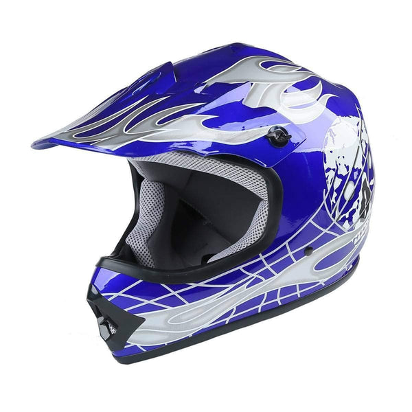 TCMT Dot Youth & Kids Motocross Offroad Street Motorcycle Dirt Bike Motocross ATV Helmet Blue Skull with Goggles Gloves (L)