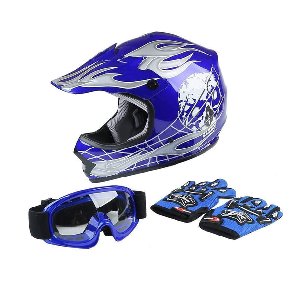 TCMT Dot Youth & Kids Motocross Offroad Street Motorcycle Dirt Bike Motocross ATV Helmet Blue Skull with Goggles Gloves (L)