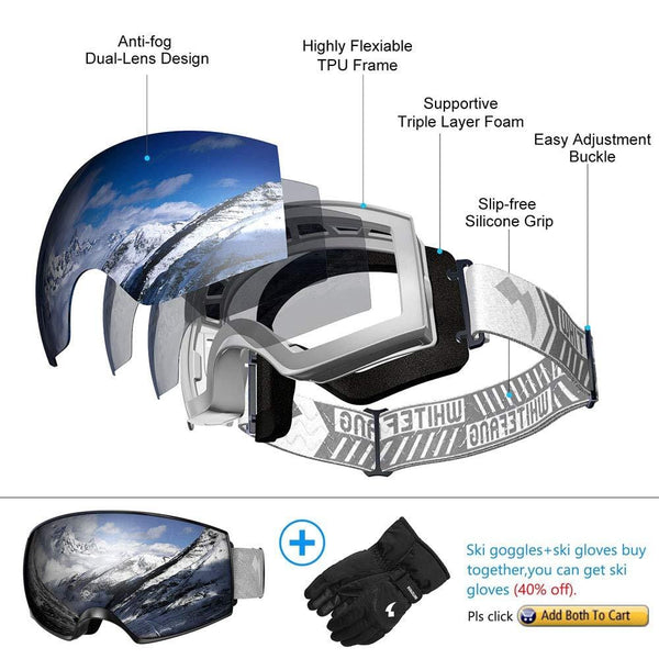 WhiteFang Ski Goggles, Over Glasses OTG Snow/Snowboard Goggles for Men Women & Youth, Anti-Fog Dual Layer Lens & 100% UV400 Protection (Bright Silver Frame-Silver Lens VLT 7%)