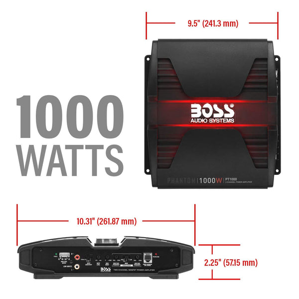 BOSS Audio PT1000 2 Channel Car Amplifier - 1000 Watts, Full Range, Class A/B, 2-8 Ohm Stable, Mosfet Power Supply, Bridgeable