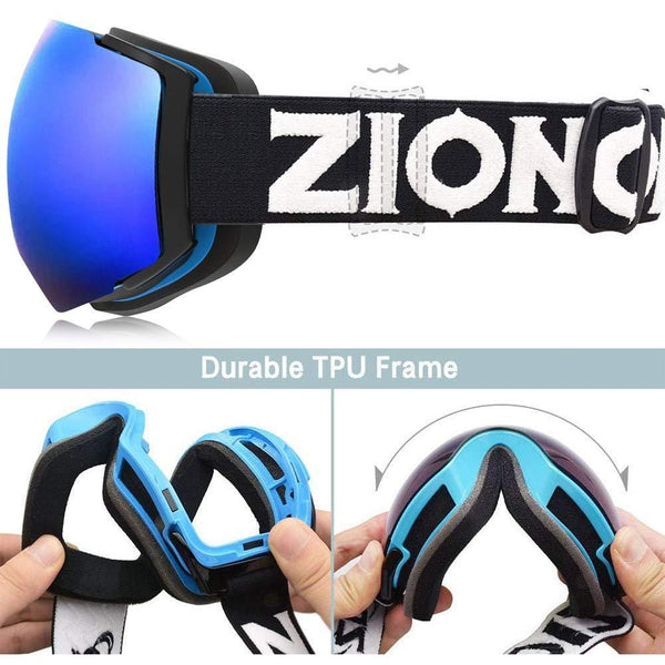 ZIONOR X4 Ski Snowboard Snow Goggles Magnet Dual Layers Lens Spherical Design Anti-Fog UV Protection Anti-Slip Strap for Men Women (VLT 13.67% Blue Frame Revo Blue Lens)