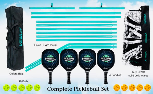 VENUX Portable Pickleball Net Set- Professional Pickleball Net System Complete Set 4 Upgraded Paddles 10 Balls + Carrying Bag Steel Metal Frame PE knotless Net Dual PVC Official Regulation Size