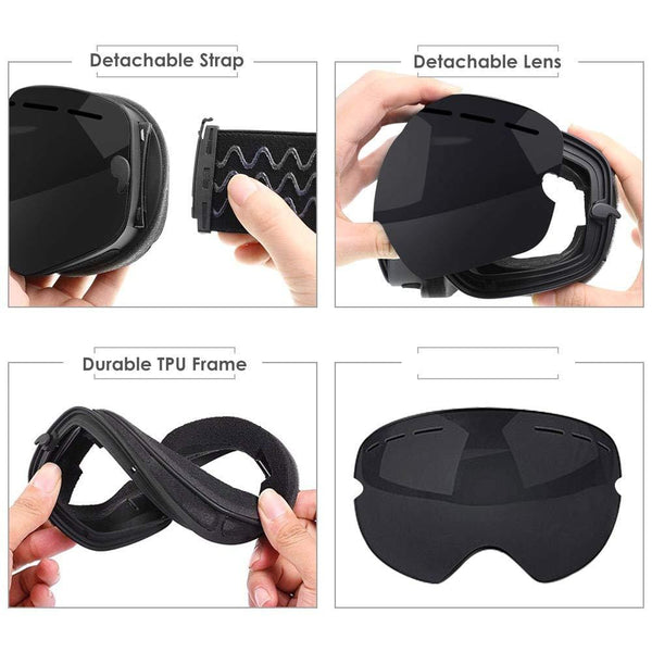 Zerhunt Ski Goggles, Snowboard Goggles Over Glasses, Anti Fog UV Protection Snow Goggles OTG Interchangeable Lens for Men Women Snowmobile, Skiing, Skating, Black