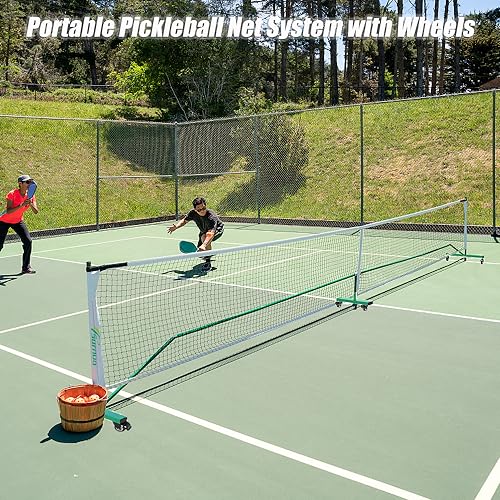 Surnuo Portable Pickleball Net with Wheels for Driveway- Outdoor Regulation Size Pickle Ball Practice Net System for All Ages, Heavy-Duty Steel Frame and Weatherproof Netting,22ft