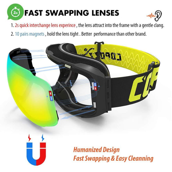 COPOZZ Ski Goggles, G2 Magnetic Snowboard Snow Goggles -2 Seconds Quick Change Lens, Imported Double-Layer Anti Fog Lens -UV400 Over Glasses OTG Helmet Compatible - for Men Women Youth Unisex