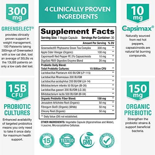 Probiotics for Women - Green Tea Extract [Clinically Proven Ingredients] Organic Prebiotics, Digestive Enzymes & Apple Cider Vinegar for Detox, Cleanse & Weight Loss - Shelf Stable - 30 Capsules