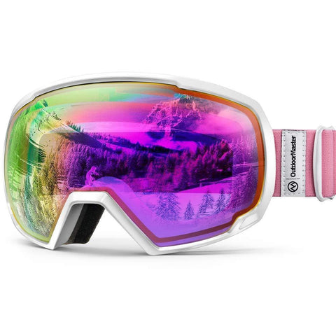 OutdoorMaster OTG Ski Goggles - Over Glasses Ski / Snowboard Goggles for Men, Women & Youth - 100% UV Protection (White Frame + VLT 45% Purple Lens with Full REVO Red)