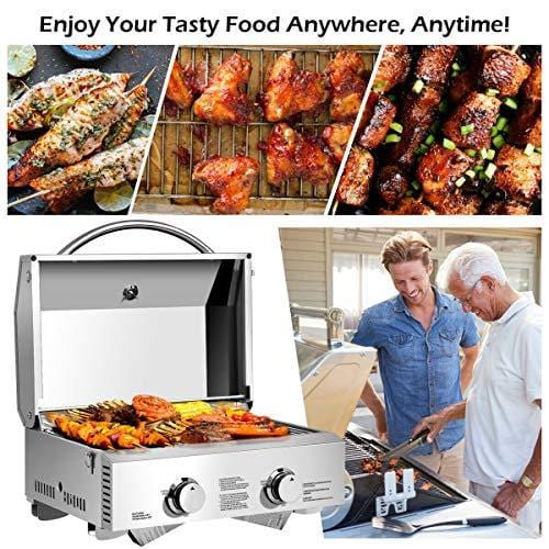 Giantex Propane Tabletop Gas Grill Stainless Steel Two-Burner BBQ, with Foldable Leg, 20000 BTU, Perfect for Camping, Picnics or Any Outdoor Use, 22" x 18" x 15", Silver