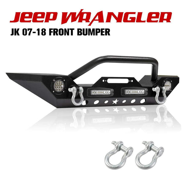 Fieryred Stubby Front Bumper Rock Crawler with Fog Light, D-Ring for 2007-2018 Jeep Wrangler JK