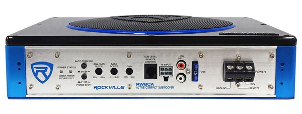 Rockville RW8CA 8" 600 Watt Under-Seat Slim Amplified Car Subwoofer +Wire Kit