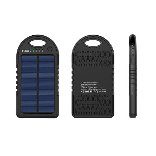 Dizaul Solar Charger, 5000mAh Portable Solar Power Bank Waterproof/Shockproof/Dustproof Dual USB Battery Bank Compatible with Smartphones,iPhone,Samsung,Android Phones,Windows Phones,GoPro,GPS