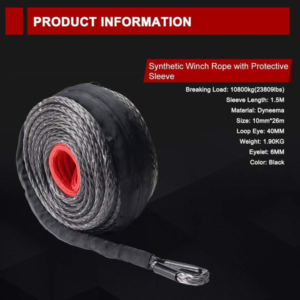 BUNKER INDUST Synthetic Winch Rope 3/8" x 85', 25000 Ibs Winch Cable Line with Protective Sleeve for 4WD Off Road Jeep ATV UTV SUV Truck Boat,1 Pcs Black Winch Rope Extension