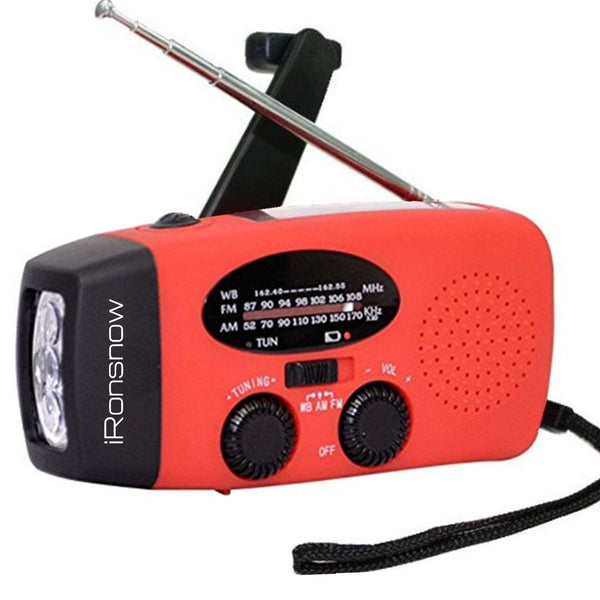 (Classic Creator) iRonsnow Solar Emergency NOAA Weather Radio Dynamo Hand Crank Self Powered AM FM WB Radios 3 LED Flashlight 1000mAh Smart Phone Charger Power Bank(Red)