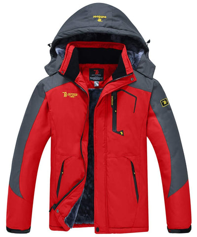 JINSHI Men's Snow Jacket Waterproof Ski Jackets Winter Hooded Mountain Fleece Jacket (Red,L)