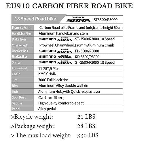 Eurobike TSM910 50 cm Carbon Fiber Frame Road Bike 18 Speed 700C Road Bicycle Red