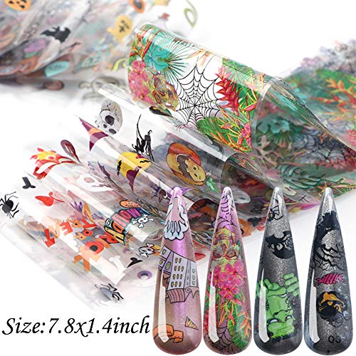 Halloween Nail Stickers Foil Transfer Design 10 Sheets Nail Art Foil Wraps Tattoo Paper Pumpkin Spider Skull Ghost Nail Decals for Women Manicure Tips Decoration Halloween Party Favors Supplies