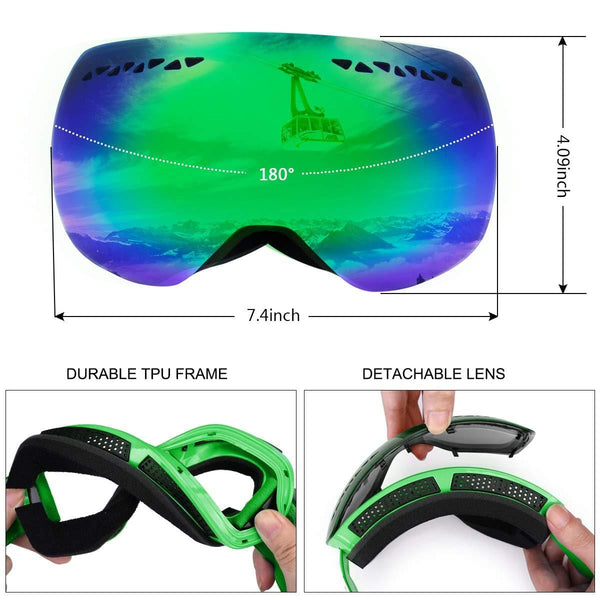 Supertrip Ski Snowboard Goggles for Men & Women Over The Glasses Snow Goggles Anti Fog 100% UV Protection Double Lens Interchangeable Lens for Skiing (Gray Revo Green(VLT 12%) Without case)