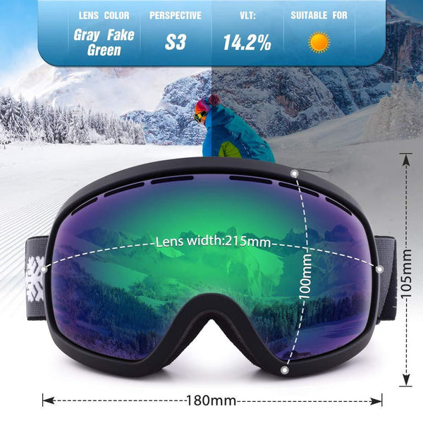 HUBO SPORTS Ski Snowboard Goggles for Men Women Adult, Over Glasses Snow Goggles of Dual Lens with Anti Fog & UV400 for Youth Teenage (FGreen)