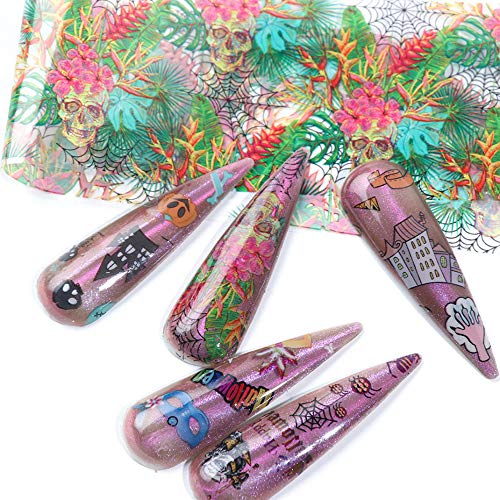 Halloween Nail Stickers Foil Transfer Design 10 Sheets Nail Art Foil Wraps Tattoo Paper Pumpkin Spider Skull Ghost Nail Decals for Women Manicure Tips Decoration Halloween Party Favors Supplies