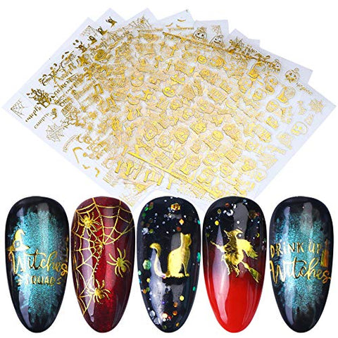 3D Halloween Nail Art Stickers for Women Gold Self-adhesive Nail Decals 9 Sheets Skull Witch Pumpkin Word Cat Ghost Nail Sticker Designs for Halloween Party Favor Supplies Manicure Tips Decorations