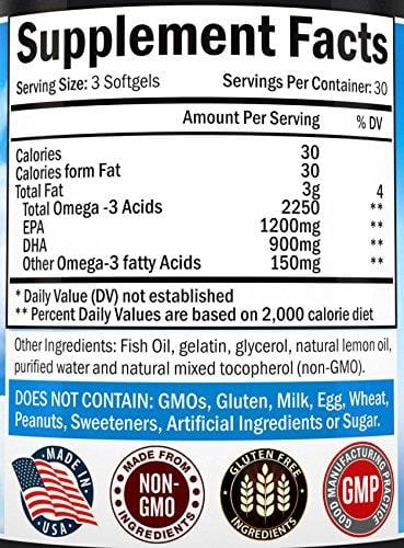 Omega 3 Fish Oil Supplement with 1200mg EPA, 900mg DHA & Fatty Acid Combination – Healthy Blood Pressure, Immune, Heart Support – Promotes Joint, Eyes, Brain & Skin Health - Non GMO Softgels