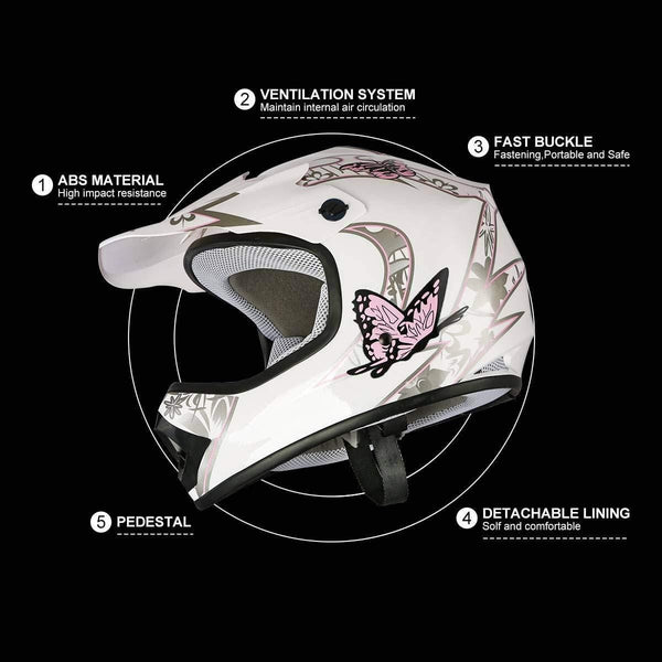 TCMT Dot Youth & Kids Motocross Offroad Street Helmet Pink Butterfly Motorcycle Youth Helmet Dirt Bike Motocross ATV Helmet+Goggles+Gloves L