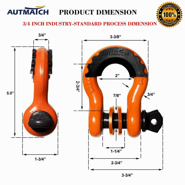 AUTMATCH Shackles 3/4" D Ring Shackle (2 Pack) 41,887Ib Break Strength with 7/8" Screw Pin and Shackle Isolator & Washers Kit for Tow Strap Winch Off Road Towing Jeep Vehicle Recovery Orange & Black