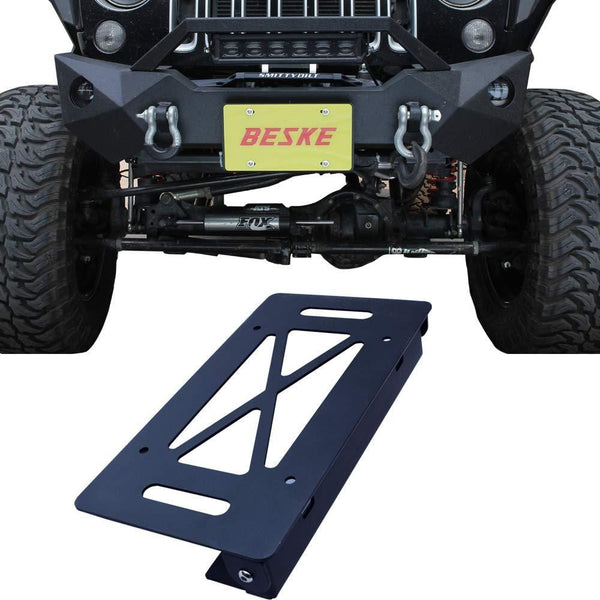BESKE Flip-Up License Plate Holder for Winch Black Front License Plate Frame License Holder for Jeep Wrangler TJ YJ JK JKU JL