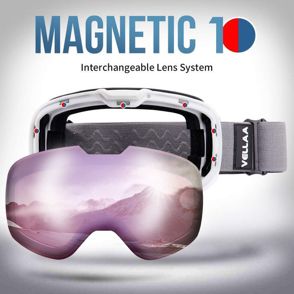 VELLAA PRO Ski Goggles - Interchangeable Lens Anti Fog 100% UV400 OTG Curved Ski/Snowboard Goggles for Men & Women Snow Goggles