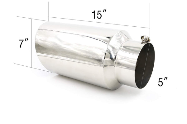 RP Remarkable Power, 5" Inlet 7" Outlet 15" Overall Length Long Stainless Steel Rolled Edge Diesel Exhaust Tip EXT34
