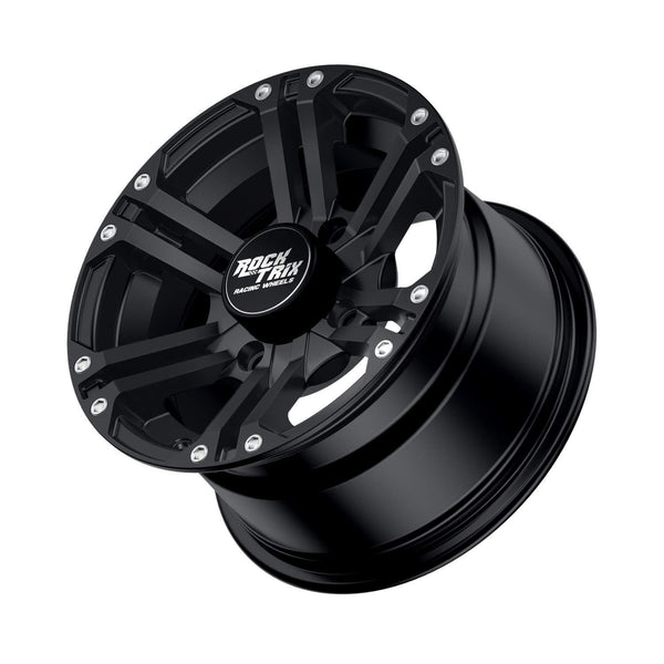 RockTrix RT101 4pc 12in ATV Wheels 4x110 Rims | 12x7 | 5+2 Offset | includes 10x1.25 Spline Lug Nuts | for IRS Honda Kawasaki Yamaha Foreman Rubicon Rincon Brute Force Kodiak Grizzly Rhino 4/110