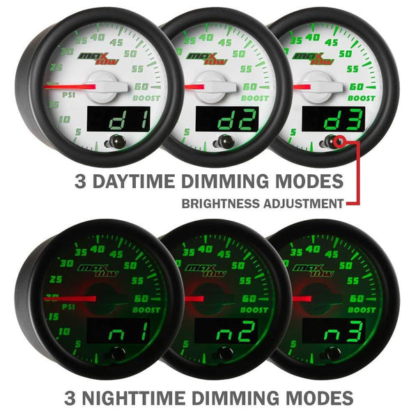 MaxTow Double Vision 2200 F Pyrometer Exhaust Gas Temperature EGT Gauge Kit - Includes Type K Probe - White Gauge Face - Green LED Dial - Analog & Digital Readouts - for Gas Trucks - 2-1/16" 52mm