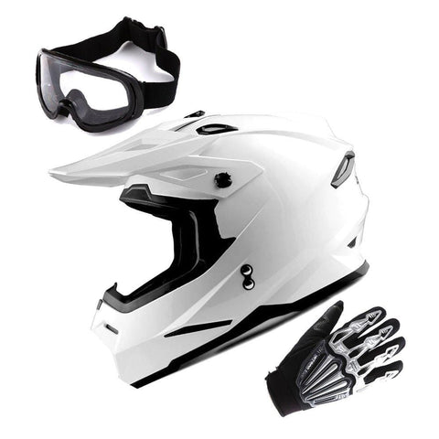 1Storm Adult Motocross Helmet BMX MX ATV Dirt Bike Helmet Racing Style Glossy White; + Goggles + Skeleton Black Glove Bundle