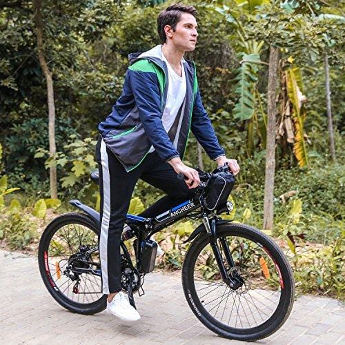 ANCHEER Folding Electric Mountain Bike with 26 Inch Wheel, Large Capacity Lithium-Ion Battery (36V 250W), Premium Full Suspension and Shimano Gear (Black) (White)