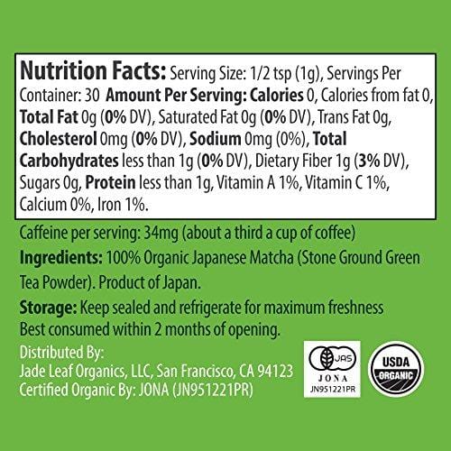 Jade Leaf Matcha Green Tea Powder - USDA Organic - Ceremonial Grade (For Sipping as Tea) - Authentic Japanese Origin - Antioxidants, Energy [30g Tin]