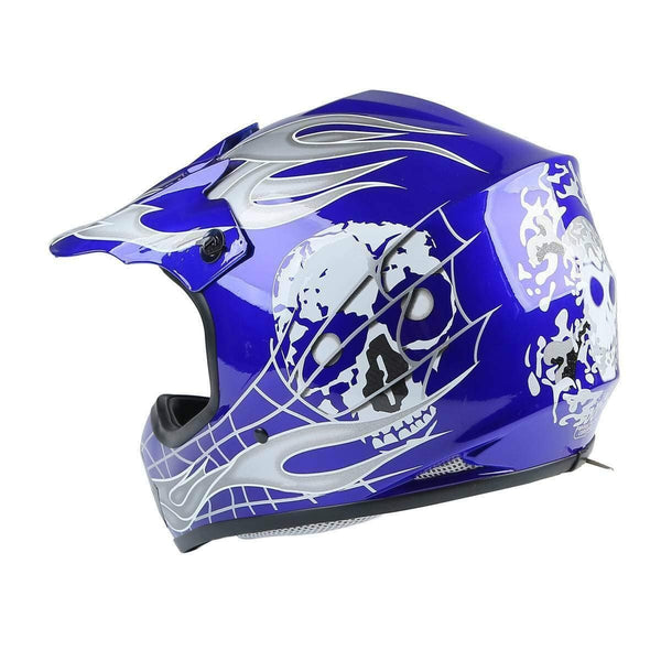 TCMT Dot Youth & Kids Motocross Offroad Street Motorcycle Dirt Bike Motocross ATV Helmet Blue Skull with Goggles Gloves (L)
