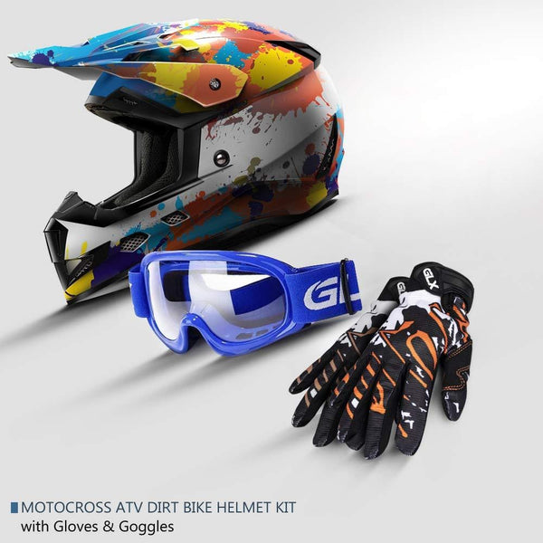 GLX Unisex-Child GX623 DOT Kids Youth ATV Off-Road Dirt Bike Motocross Helmet Gear Combo Gloves Goggles for Boys & Girls (Doodle Orange, Large)
