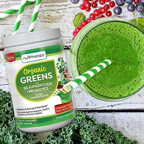Nu-Therapy Organic Greens Superfood Powder, With probiotics, Berry Burst Flavor, 30 Servings