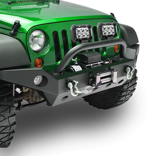 LEDKINGDOMUS Full Width Front Bumper for 07-18 Jeep Wrangler JK and JK Unlimited Rock Crawler With Fog Lights Hole, Winch Plate Black Textured